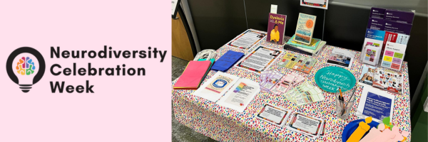 A photograph of a stall in the ASS Library for Neurodivergent Celebration Week. There is a table cloth covered in confetti and resources about library support, reading lists for adhd, autism and dyslexia, and book recommendations
